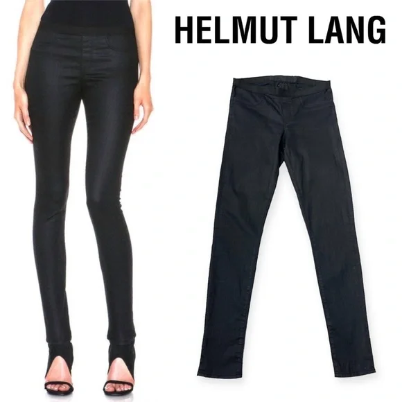 Helmut Lang Black Coated Cotton Blend Skinny Leg Jegging Jeans Pull On Pants 27 - Picture 2 of 16